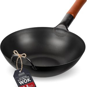 YOSUKATA 30 cm Carbon Steel Wok Pan – Pre-Seasoned Flat Bottom Pow Wok for Stir Fry, BBQ, Grill & Camping – Traditional Japanese & Chinese Cookware – Compatible with Induction, Electric, Gas Open Fire | Pre-fired wok pan, traditional wok for induction cookers, compatible with gas, electric hobs, grill, induction, fire